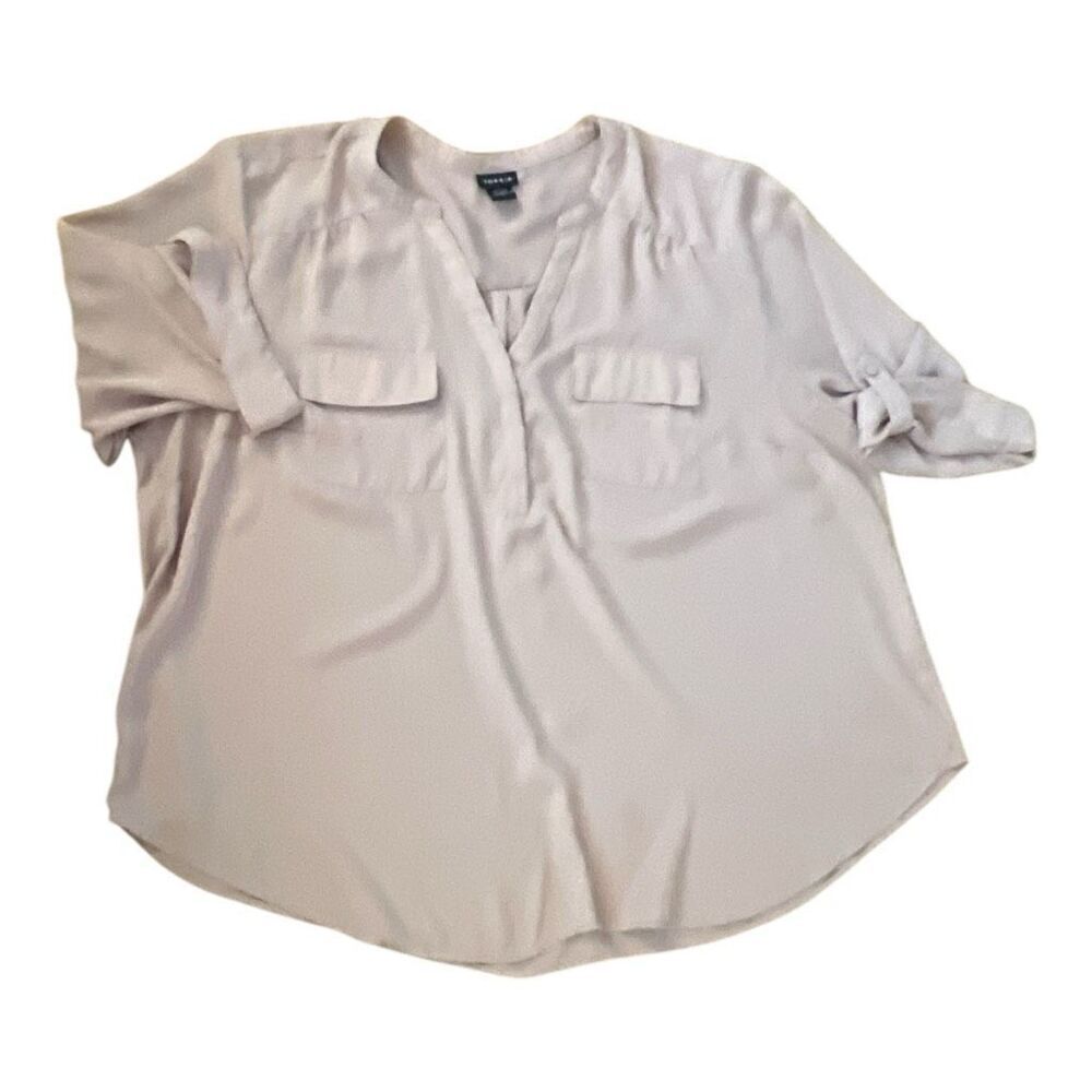 Torrid Harper Size 3 Chiffon 3/4 Roll-Tab Sleeve Blouse Solid Pink Chest-Pockets
